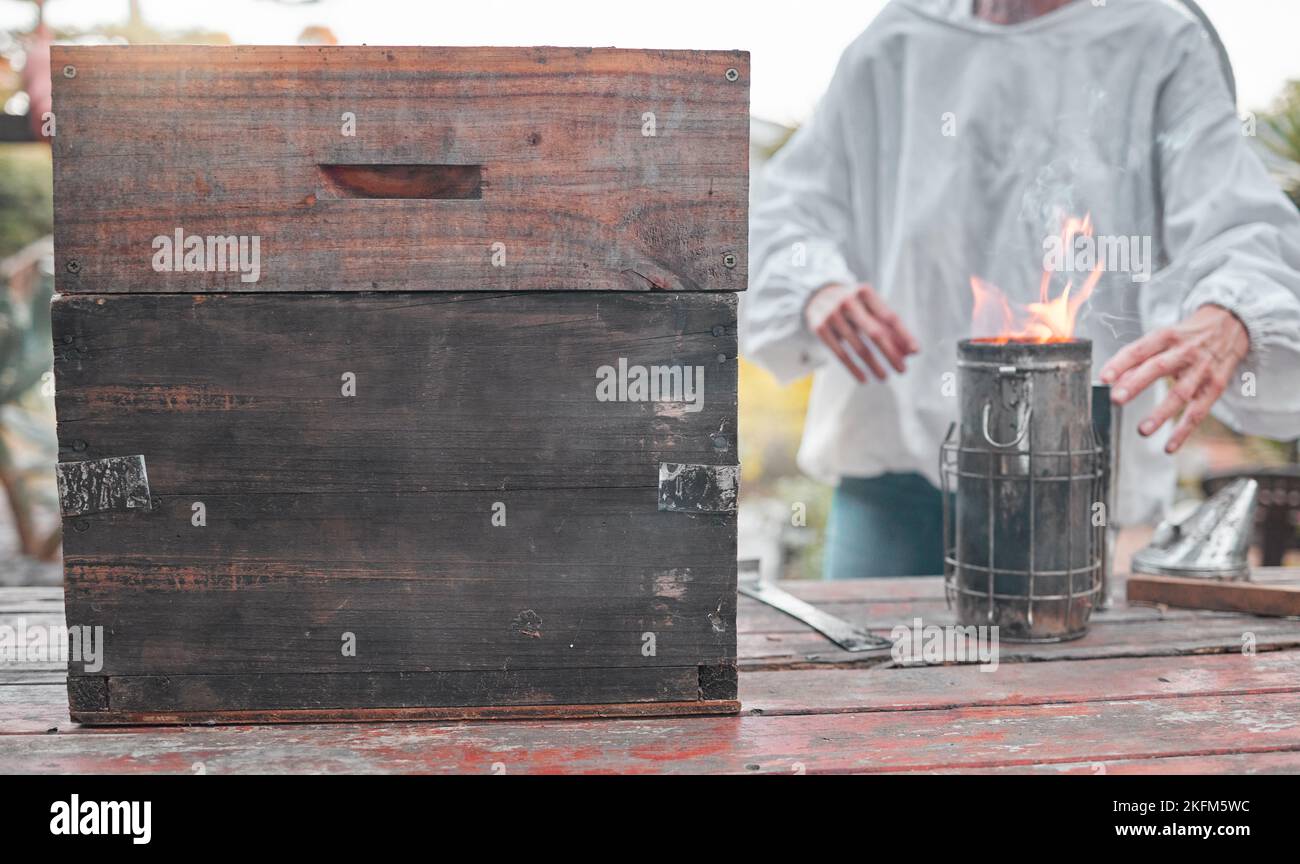 Beekeeper, fire and production of honey for food, sustainability and