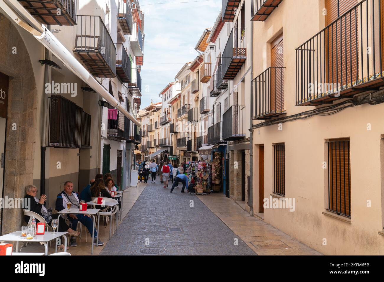Tourists and visitors in bars and cafes in the town of Morella, Castellon province, Spain Stock Photo