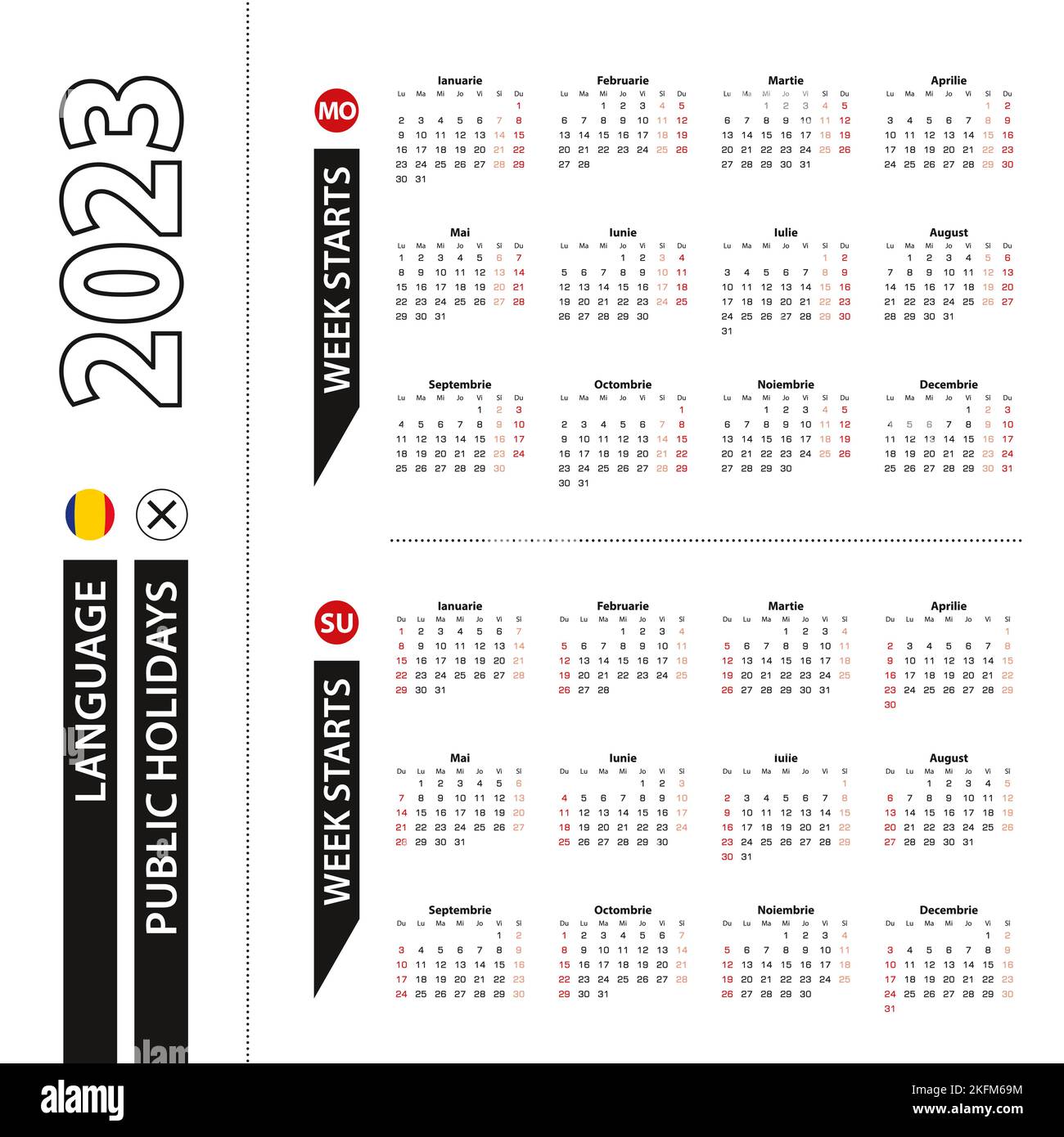 Two versions of 2023 calendar in Romanian, week starts from Monday and