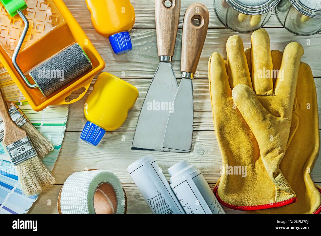 maintenanse home construction tools on white wooden board Stock Photo