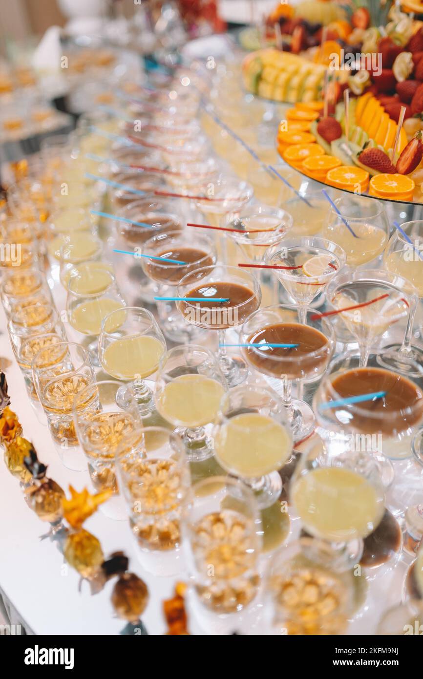 Glasses Champagne On Table Served For Buffet Catering Party Outdoors Glasses Champagne On Table Served For Buffet Catering Party Outdoors