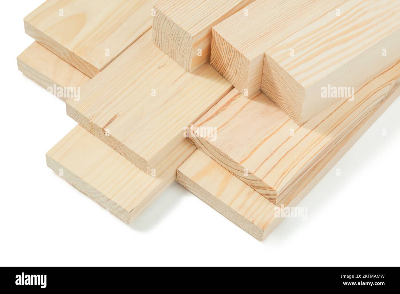 pine wooden timber beams and boards isolated on white Stock Photo