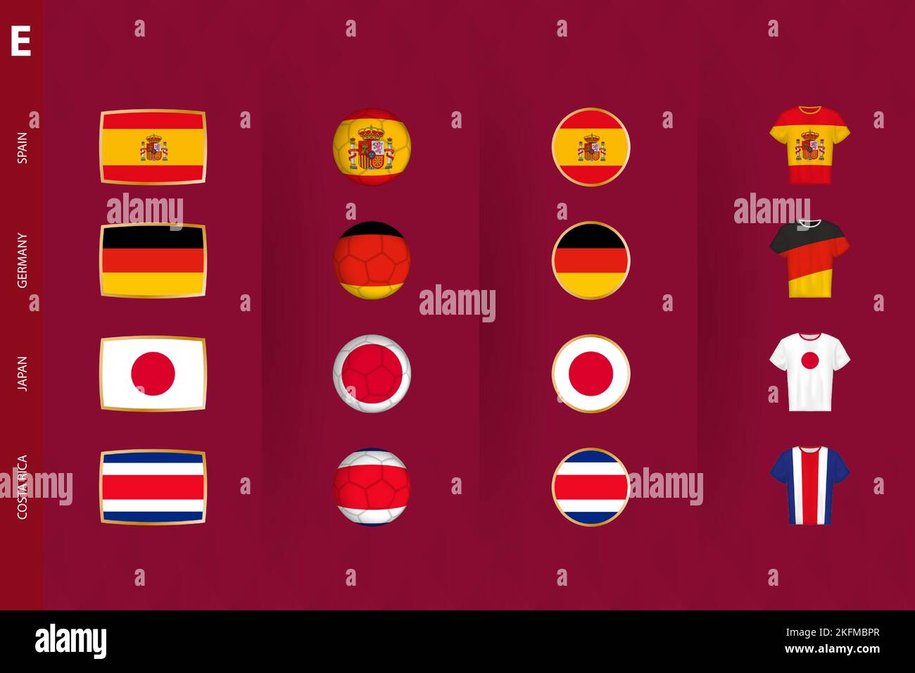 Collection of flags of Group E soccer tournament, a set of vector icons