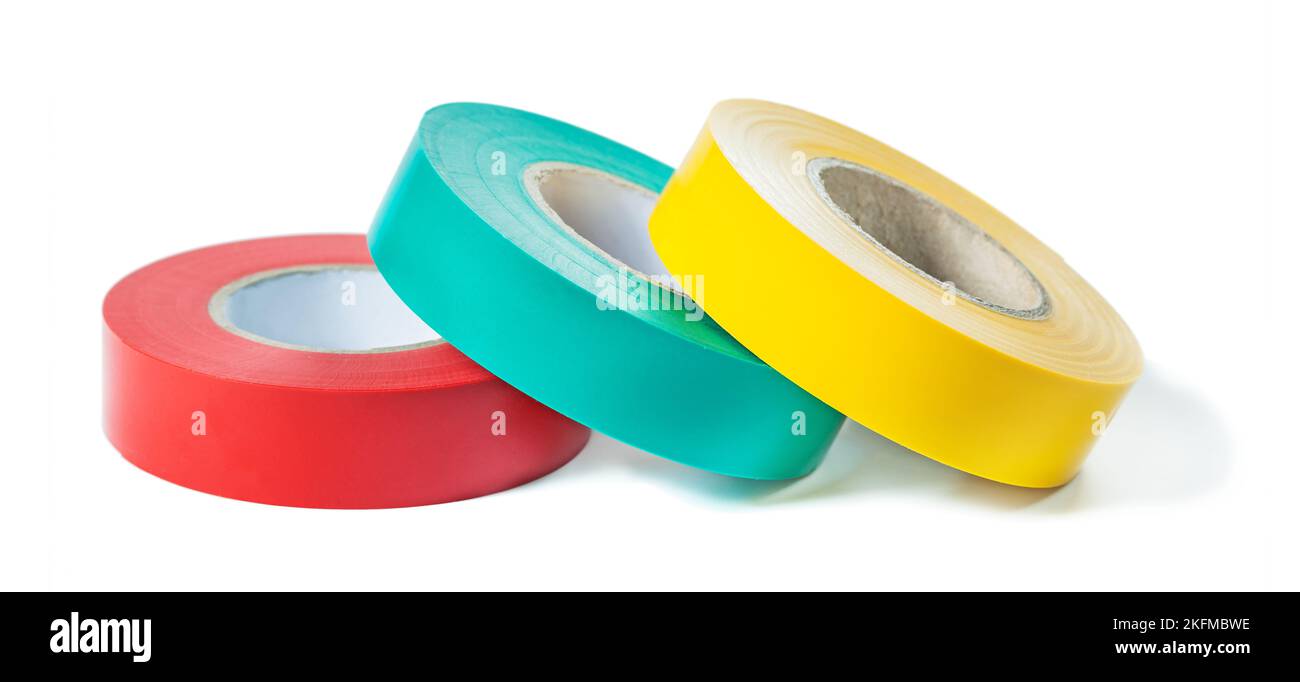 red blue yellow rolls of insulation tape isolated on white background ...