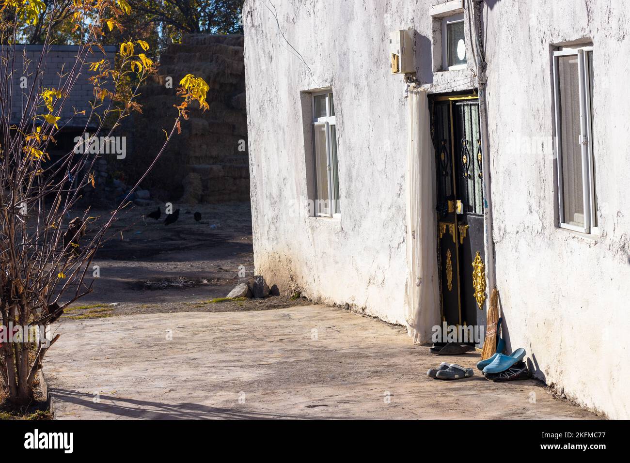 Village streets. Stone houses with whitewashed walls. Cayirtepe Village, Erzurum Turkey. Stock Photo