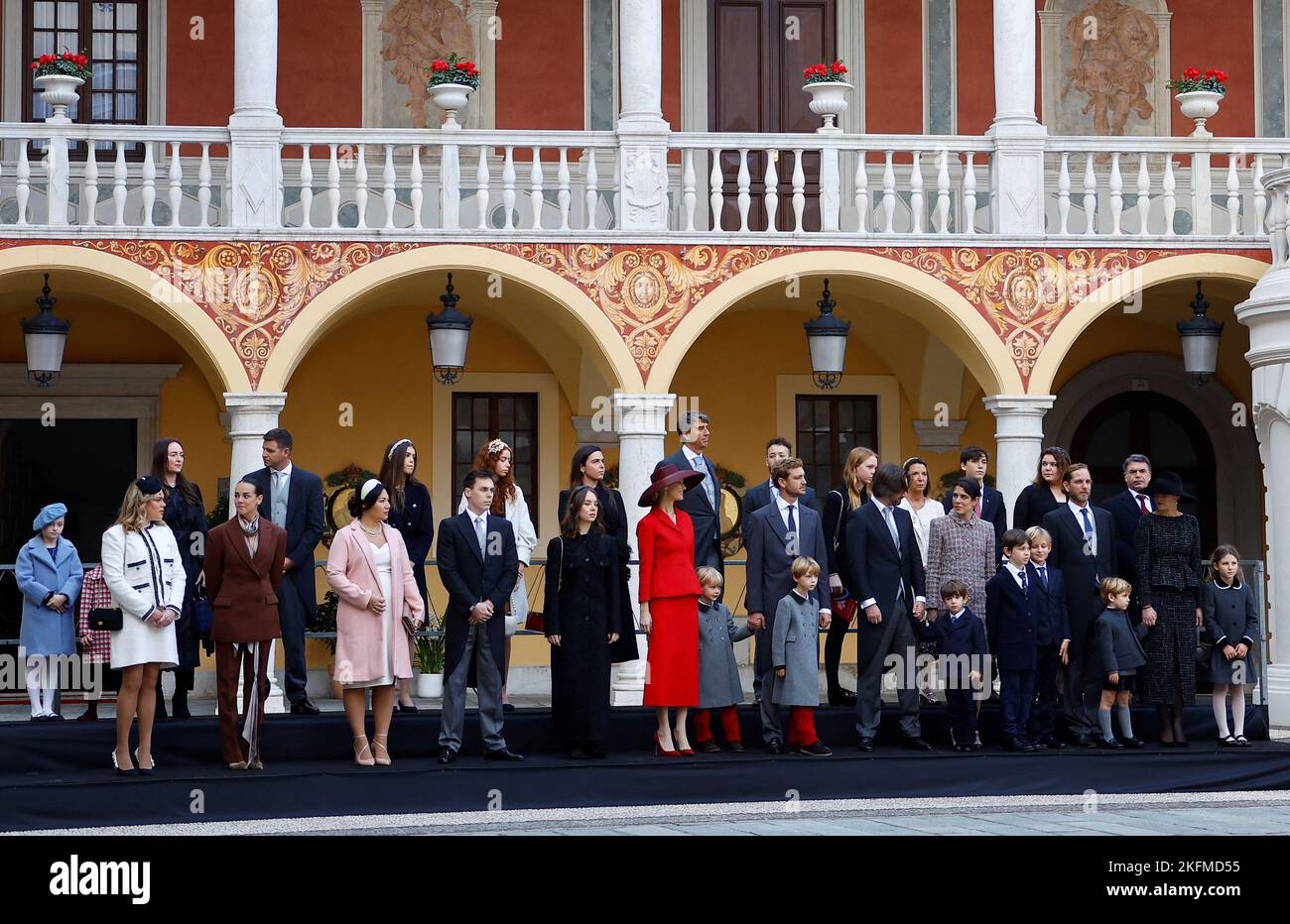 Camille Gottlieb, Pauline Ducruet, Louis Ducruet and his wife Marie Chevallier, Alexandra of Hanover, Pierre Casiraghi and his wife Beatrice Borromeo, their children Stefano Casiraghi and Francesco Casiraghi, Charlotte Casiraghi and her husband Dimitri Rassam, Raphael Elmaleh and Balthazar Rassam, Andrea Casiraghi and his wife Tatiana Santo Domingo, their children Alexandre Casiraghi, India Casiraghi and Maximilian Casiraghi, and guests attend celebrations marking Monaco's National Day at the Palace in Monaco, November 19, 2022. REUTERS/Eric Gaillard/Pool Stock Photo