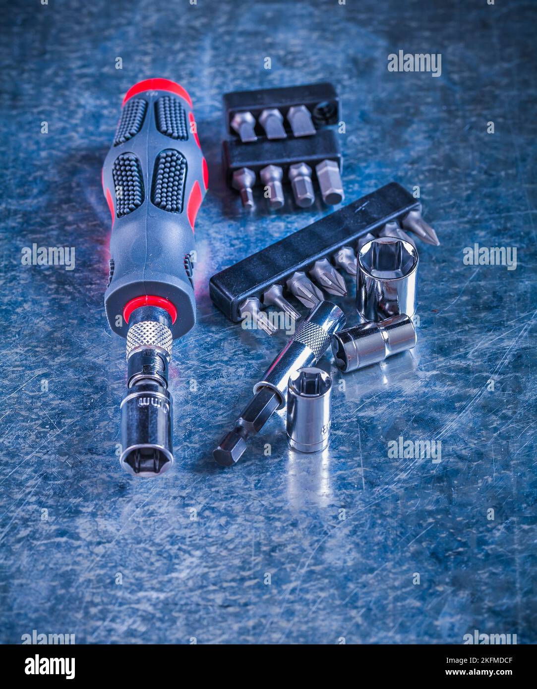 Screwdriver with rubber handle set of replaceable bits and heads on