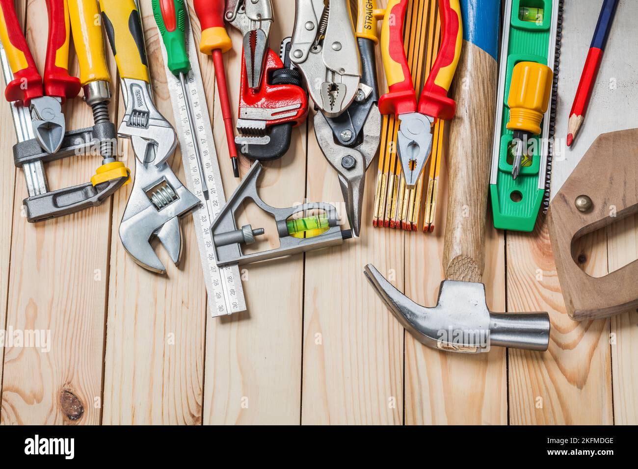 set of construction tools on wood boards Stock Photo - Alamy