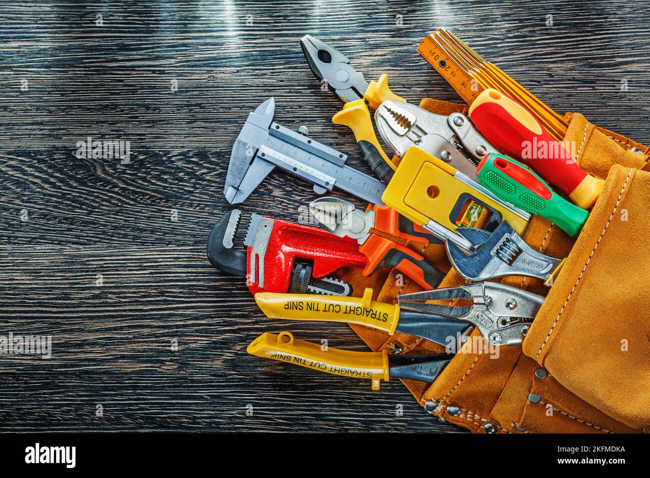 Set of leather tool belt construction tooling horizontal image Stock