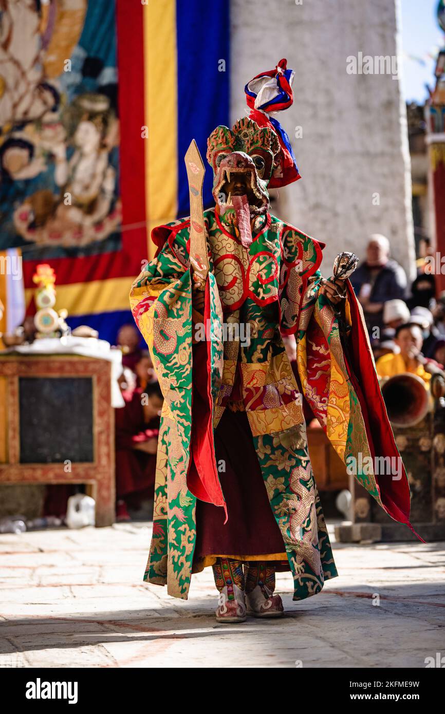 The Tibetan Buddhist dancer in traditional demon spirit ghost clothing ...