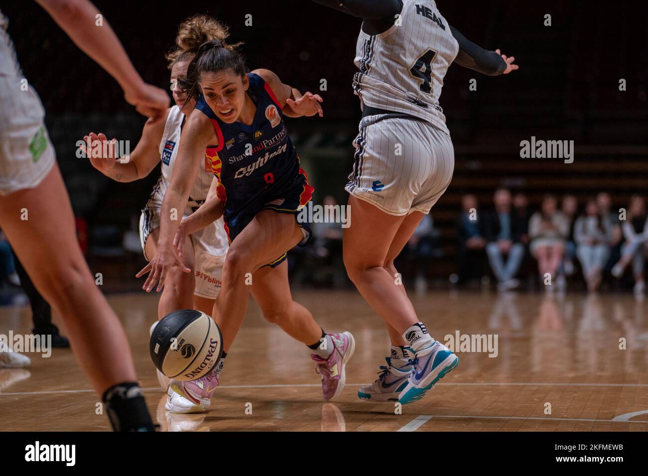Adelaide, South Australia, November 19th 2022: Abby Cubillo (9 Adelaide Lightning) drives to the basket defended by Shyla Heal (4 Sydney Flames) during the Cygnett WNBL game between Adelaide Lightning and Sydney Flames at Adelaide 36ers Arena in Adelaide, Australia.  (Noe Llamas/SPP) Stock Photo