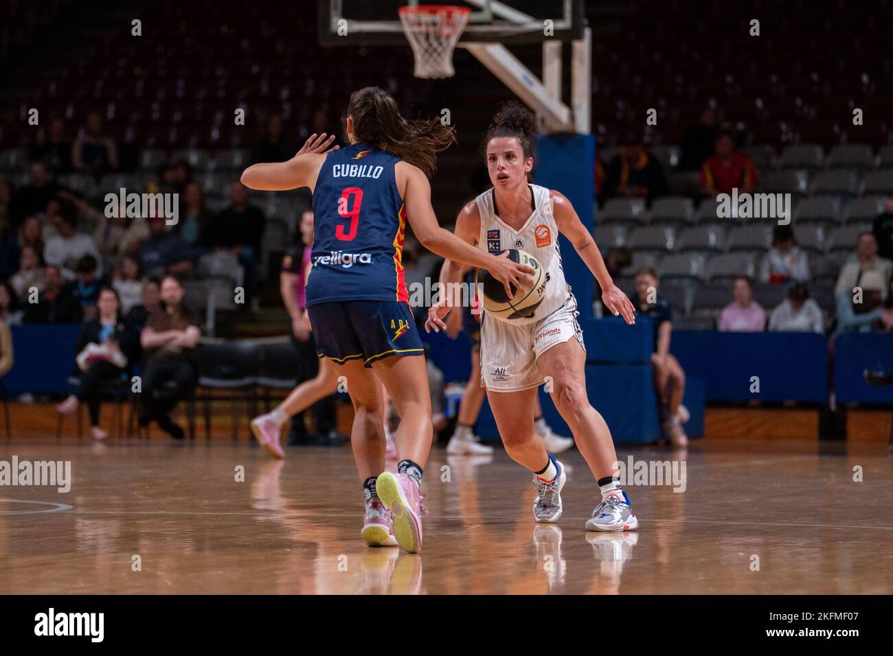 Adelaide, South Australia, November 19th 2022: Abby Cubillo (9 Adelaide Lightning) is defended by Vanessa Panousis (9 Sydney Flames) during the Cygnett WNBL game between Adelaide Lightning and Sydney Flames at Adelaide 36ers Arena in Adelaide, Australia.  (Noe Llamas/SPP) Stock Photo