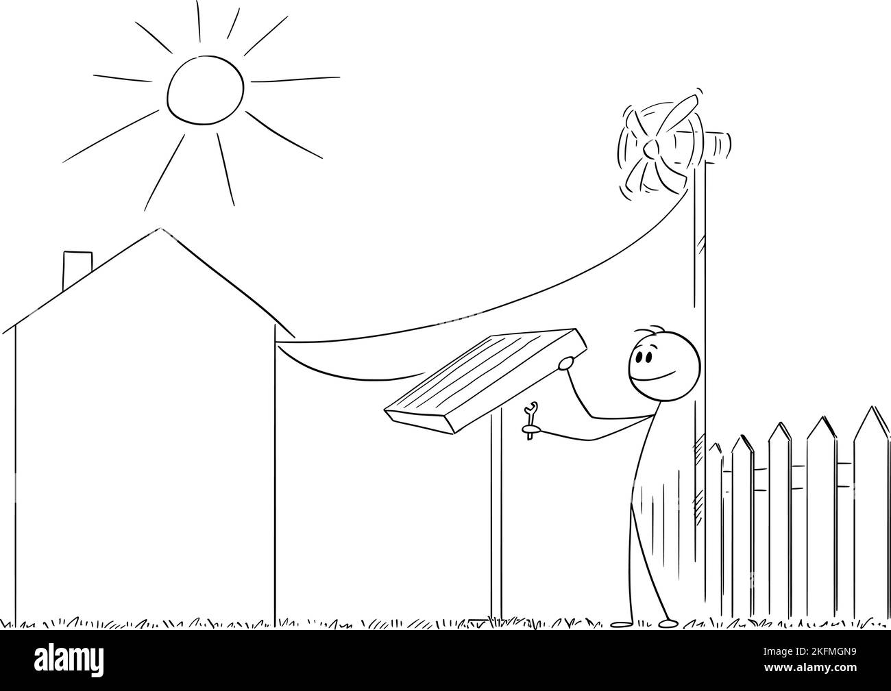 Person Installing Solar Panel and Wind Turbine on the Garden, Vector