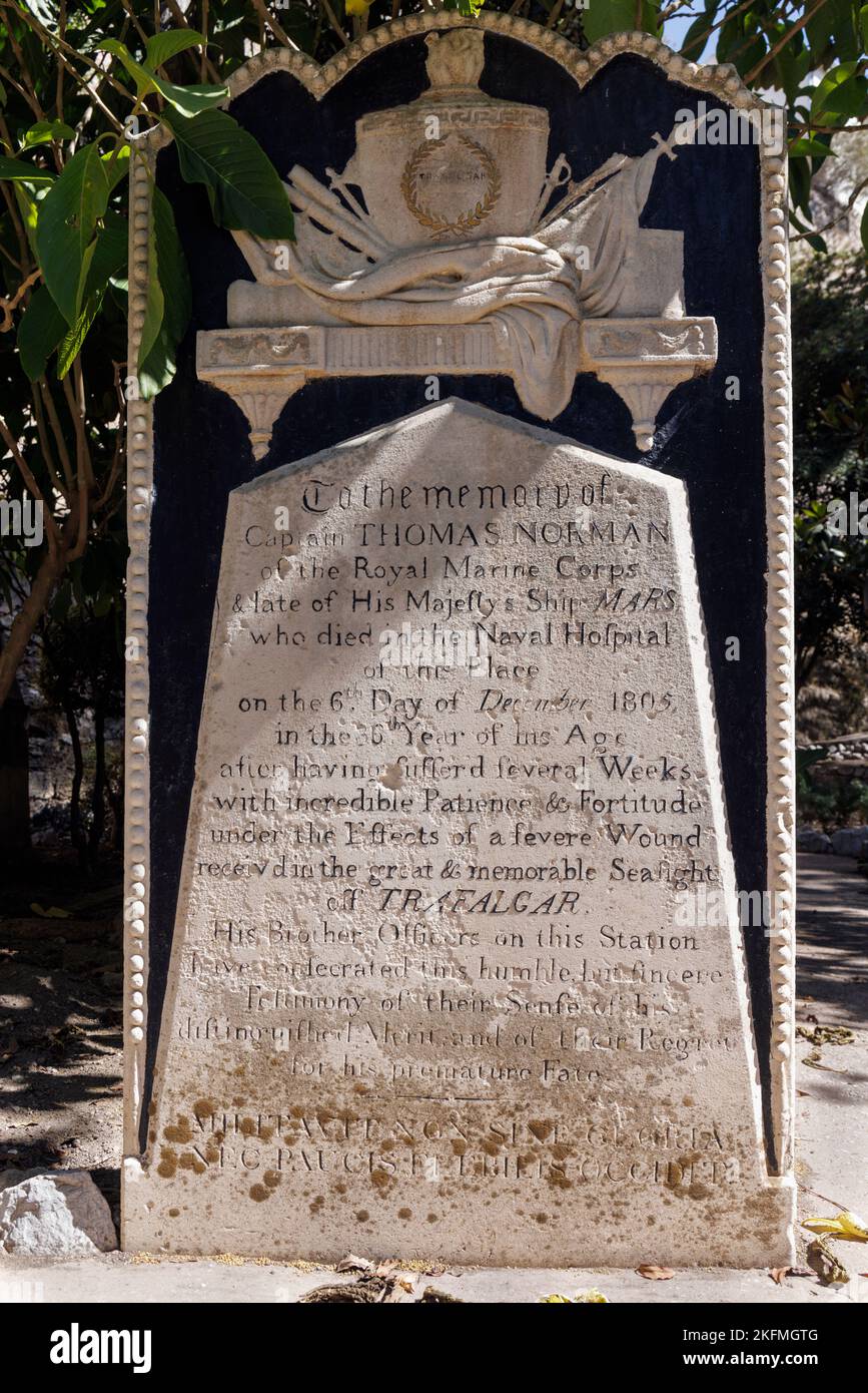 Trafalgar Cemetery, Gibraltar.  This is the grave of Captain Thomas Norman one of two combatants who died in Gibraltar as a result of wounds received Stock Photo