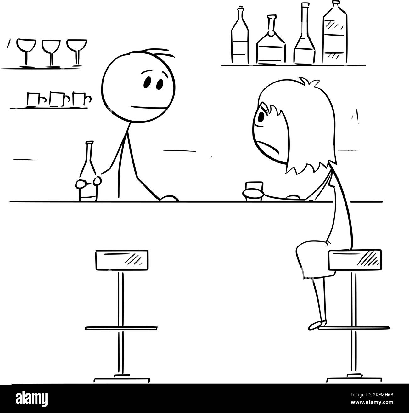 Frustrated or Sad Woman Sitting on Bar, Vector Cartoon Stick Figure Illustration Stock Vector