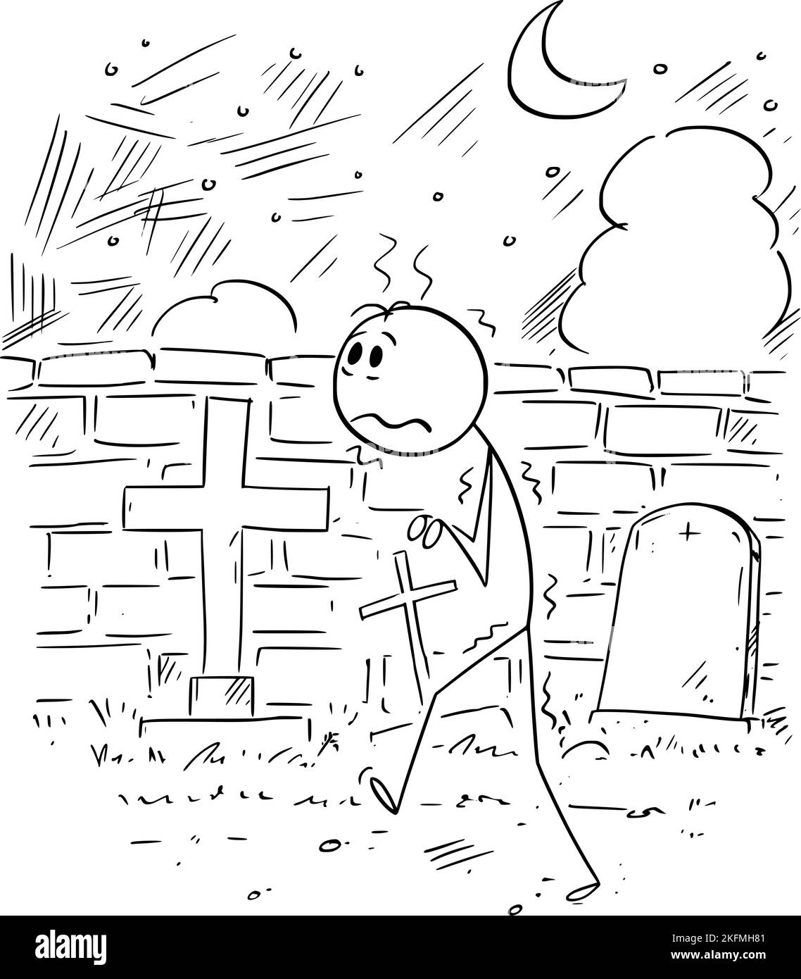 Frightened Person on Cemetery, Vector Cartoon Stick Figure Illustration Stock Vector