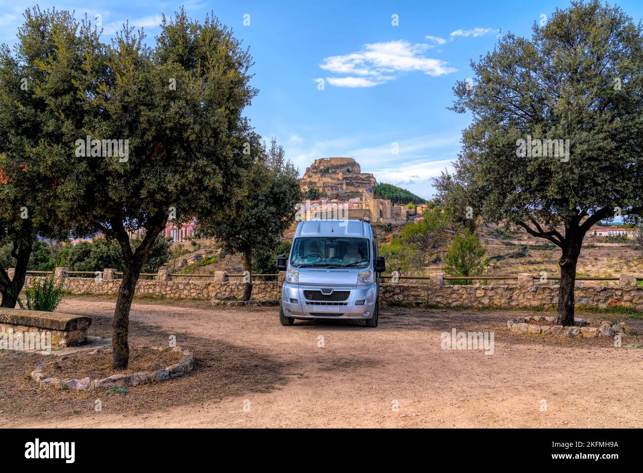 Campervan and castle Morella Spain historic hill top city Castellón Province, Valencian Community Stock Photo