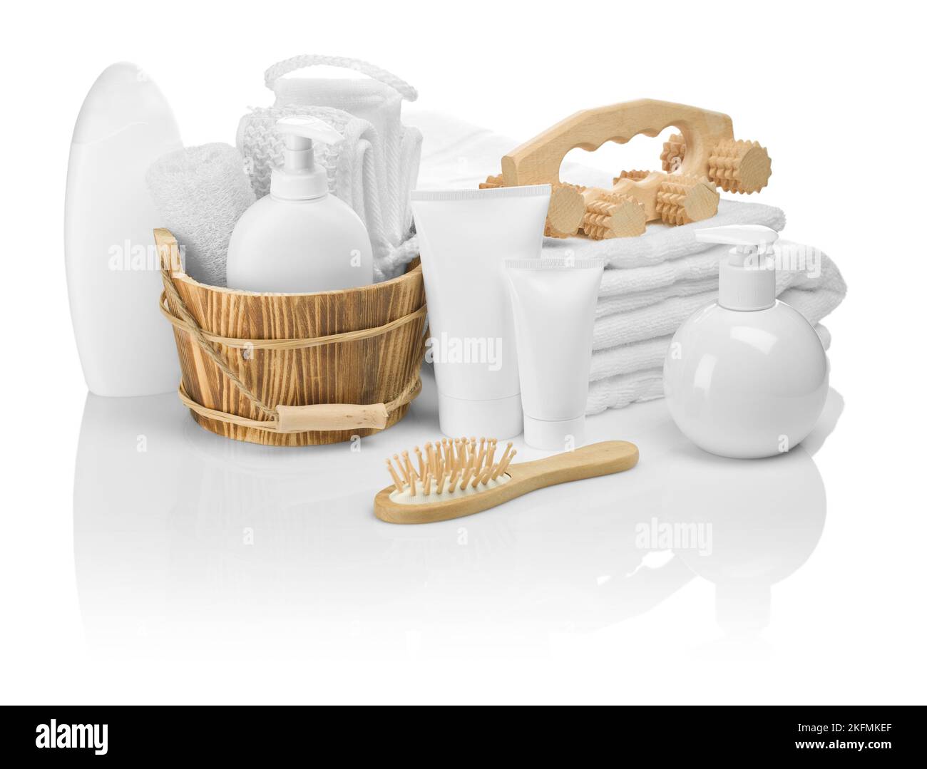 wooden and plastic objects for bathing Stock Photo