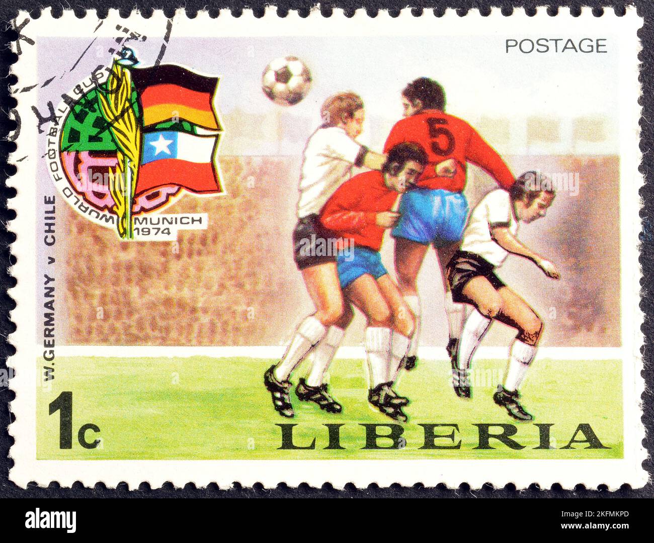 Cancelled postage stamp printed by Liberia, that shows football match West Germany - Chile, World cup 1974 in Munich, circa 1974. Stock Photo