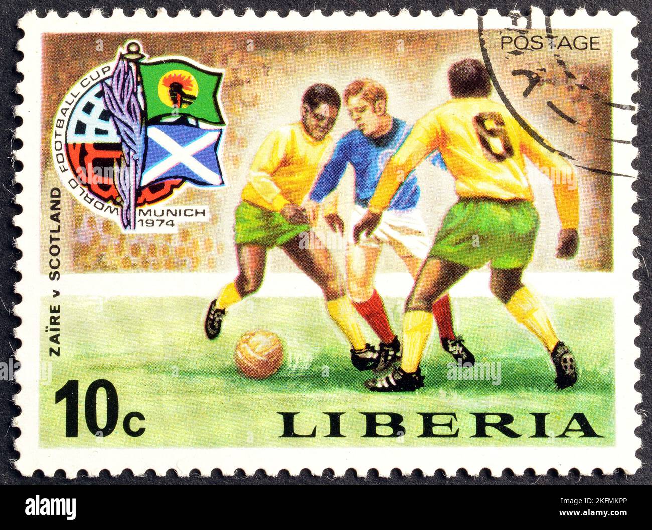 Cancelled postage stamp printed by Liberia, that shows football match Zaire -Scotland, World cup 1974 in Munich, circa 1974. Stock Photo