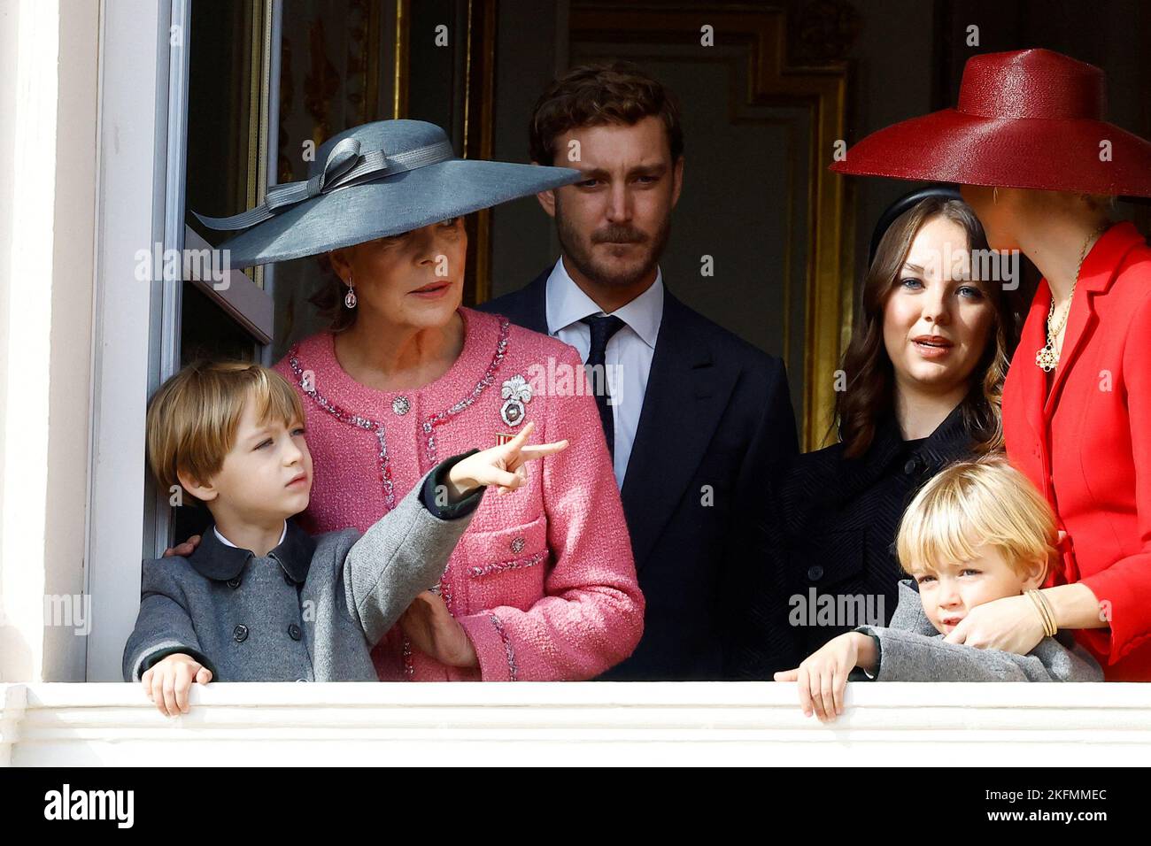 Princess Caroline of Hanover, Pierre Casiraghi and his wife Beatrice Borromeo, Stefano Casiraghi and Francesco Casiraghi, Alexandra of Hanover stand on the Palace balcony during the celebrations marking Monaco's National Day in Monaco, November 19, 2022. REUTERS/Eric Gaillard Stock Photo
