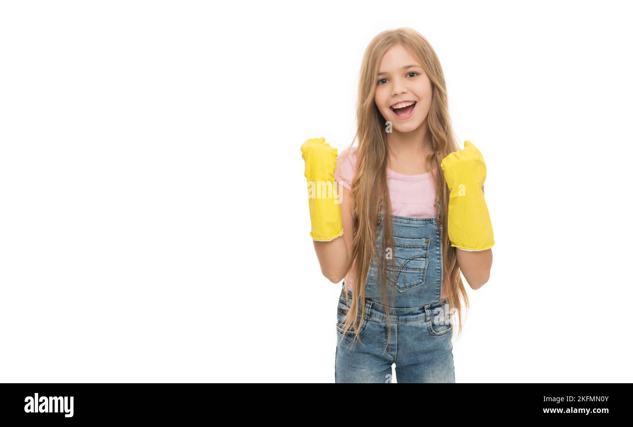 cheerful cleaner girl wear gloves in studio. photo of cleaner girl with gloves. cleaner girl Stock Photo