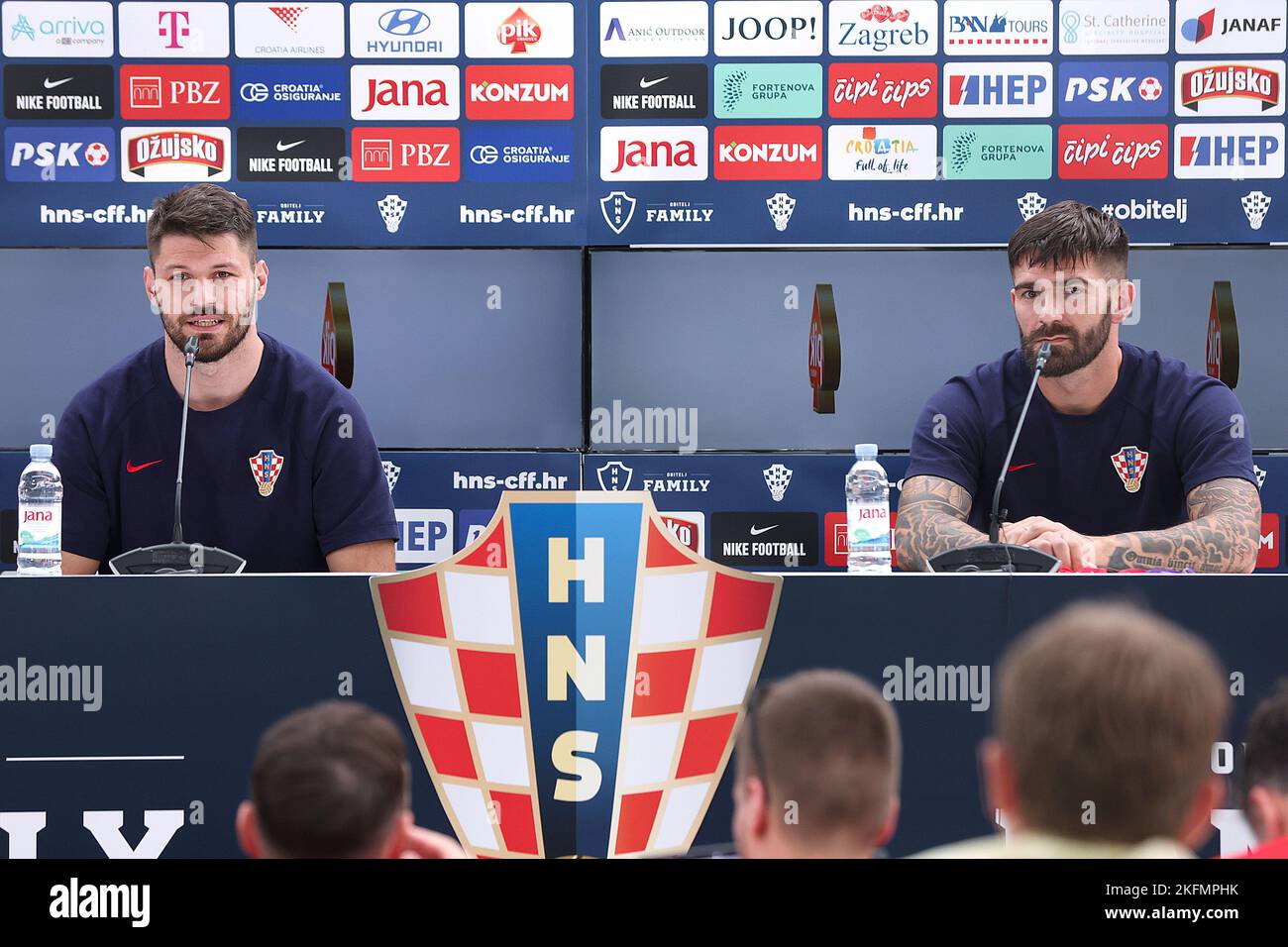 Croatian national team players Marko Livaja and Bruno Petkovic speak during a press conference ahead of the start of the FIFA World Cup in Doha, Qatar on November 19, 2022