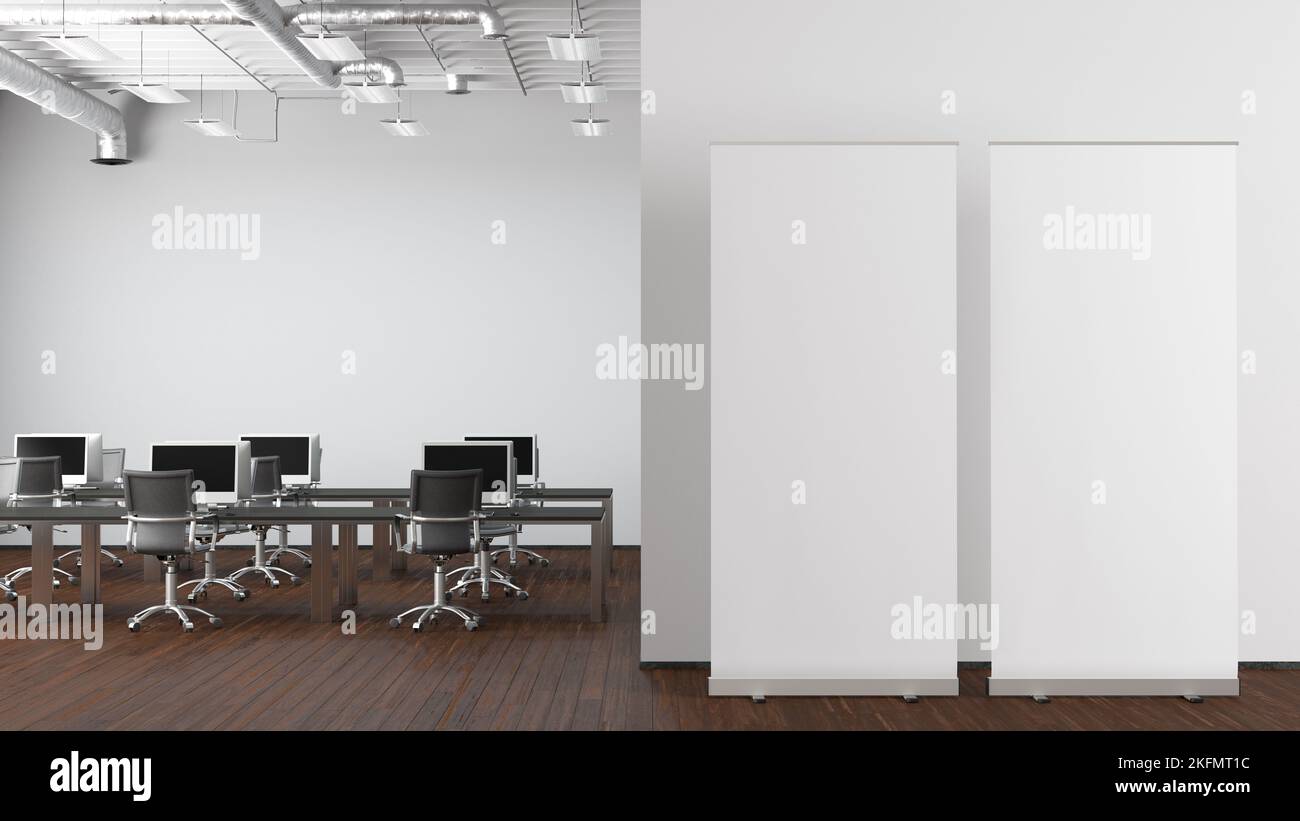 Blank roll up banner stands mock up in modern office Stock Photo - Alamy