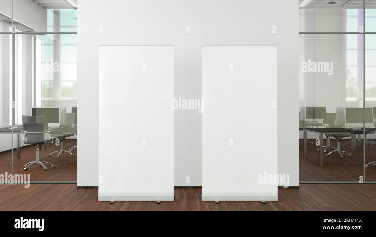 Blank roll up banner stand mock up in modern office Stock Photo - Alamy