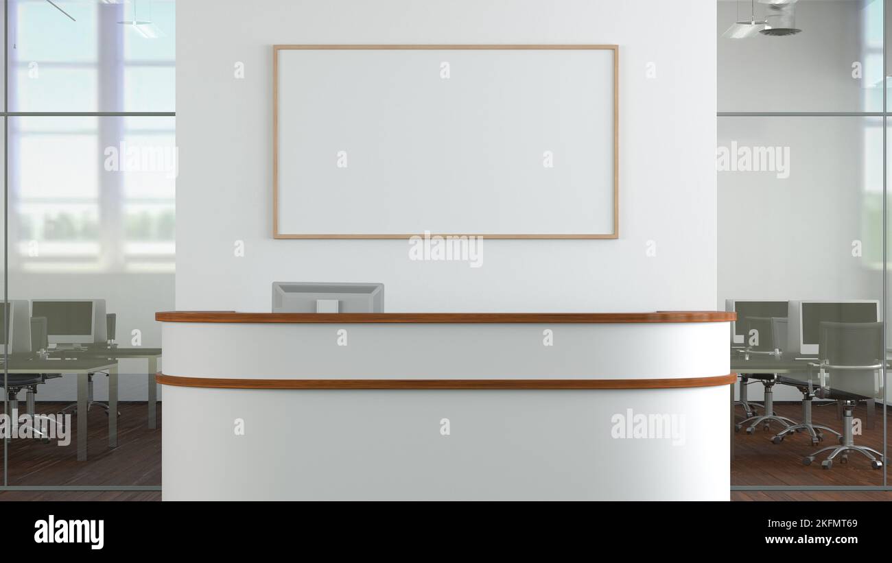 Reception From Above Blank horizontal poster mock up on the wall above office reception desk ...