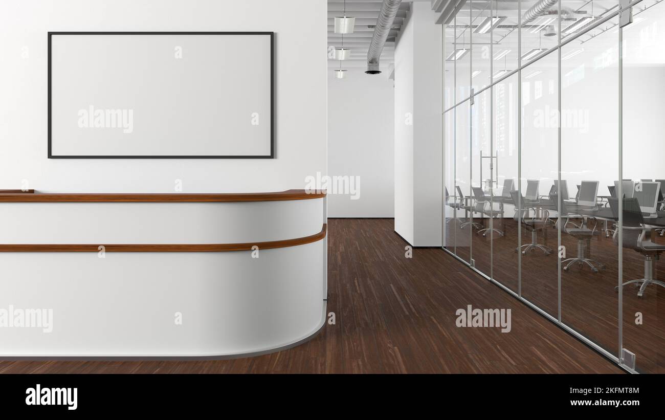Reception From Above Blank horizontal poster mock up on the wall above office reception desk ...