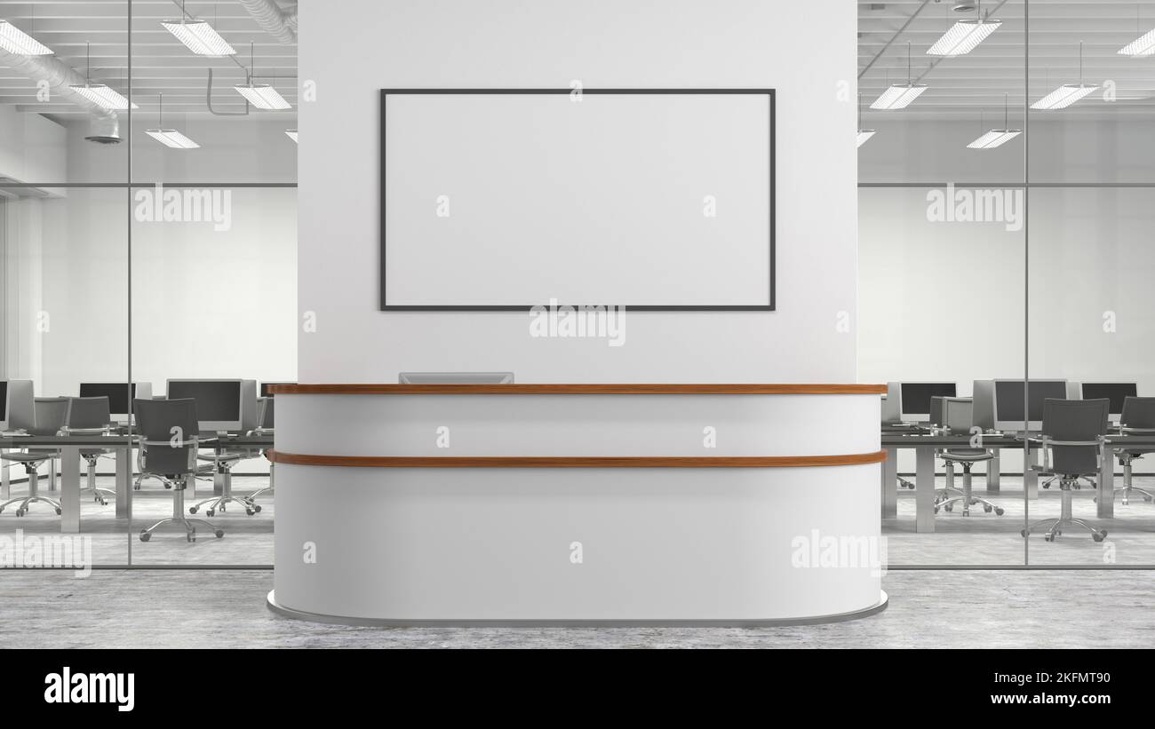 Reception From Above Blank horizontal poster mock up on the wall above office reception desk ...