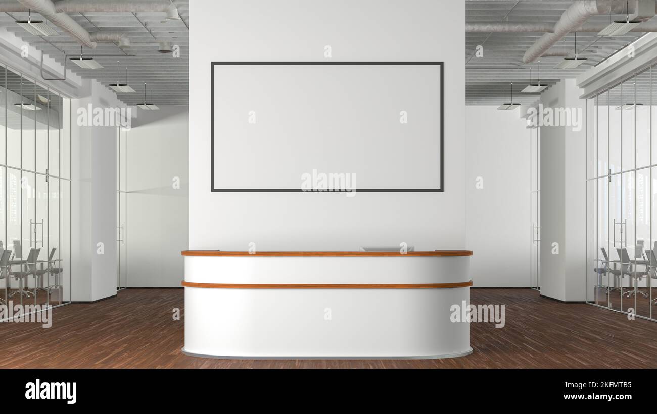 Reception From Above Blank horizontal poster mock up on the wall above office reception desk ...