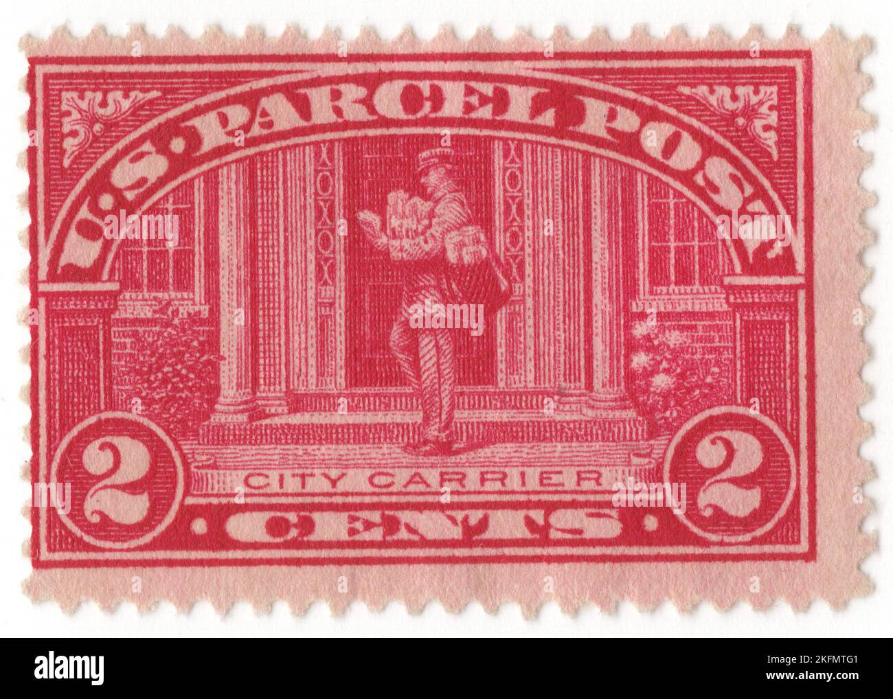 USA - 1913: An 2 cents carmine-rose Parcel Post stamp depicting City Carrier. Issued for the prepayment of postage on parcel post packages only. Parcel post is a postal service for mail that is too heavy for normal letter post. It is usually slower than letter post. The development of the parcel post is closely connected with the development of the railway network which enabled parcels to be carried in bulk, to a regular schedule and at economic prices. Today, many parcels also travel by road and international shipments may travel by sea or airmail Stock Photo