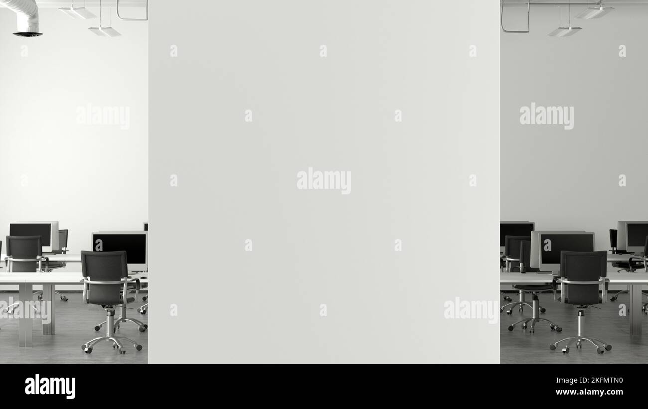 Blank white office wall mock up in modern office interior. 3d