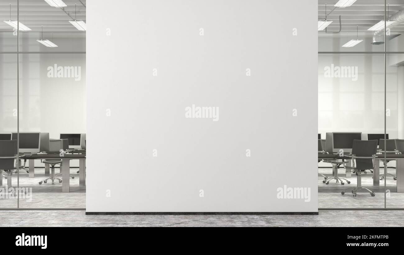 Blank white office wall mock up in modern office interior. 3d