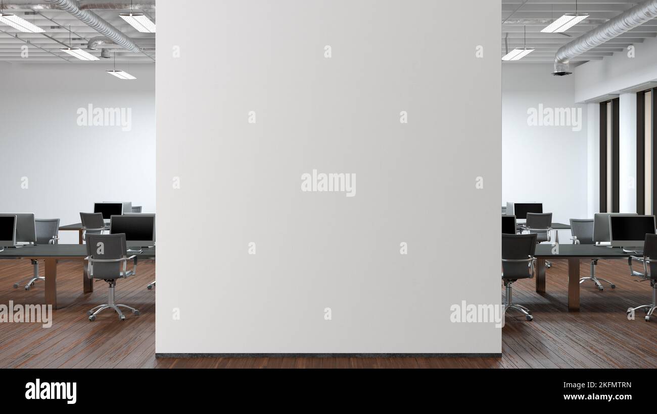 Blank white office wall mock up in modern office interior Stock Photo