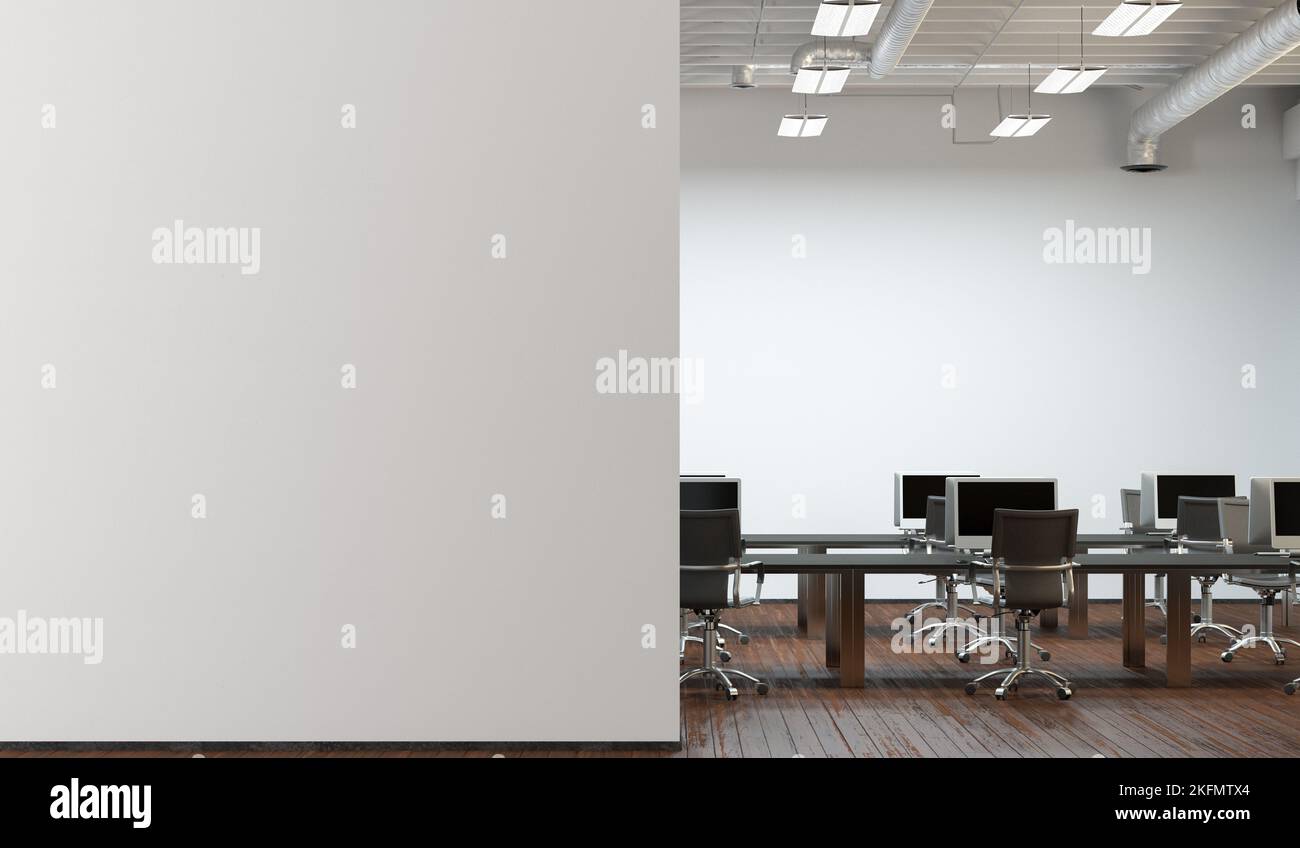 Blank white office wall mock up in modern office interior. 3d