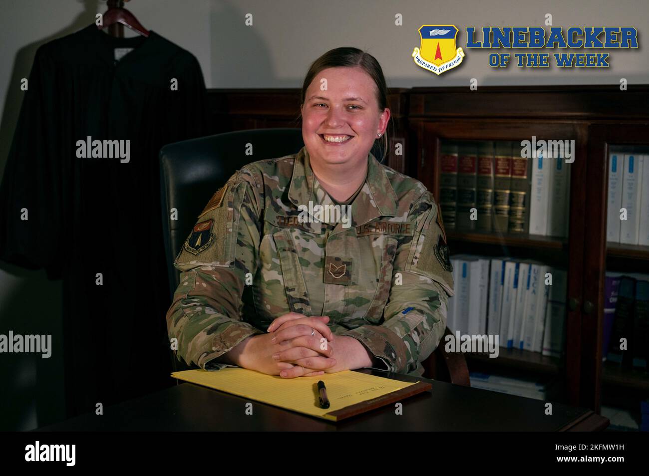 U.S. Air Force Staff Sgt. Emily Tiedt, the noncommissioned officer in charge of adverse actions, assigned to the 36th Wing office of the Staff Judge Advocate, sits in the judge’s chambers of the courtroom at Andersen Air Force Base, Guam, Sept. 21, 2022. Tiedt hard work since arriving at Andersen AFB in 2021 led her to be recognized as the 11th Air Force Paralegal of the Quarter as well as the Pacific Air Forces Paralegal of the Month. Stock Photo