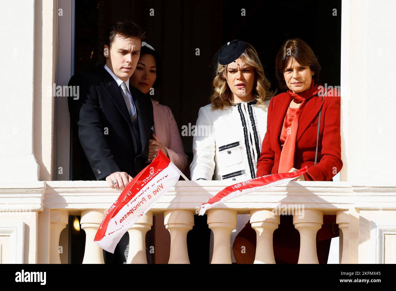 Princess Stephanie of Monaco, Louis Ducruet and his wife Marie Chevallier and Camille Gottlieb stand on the Palace balcony during the celebrations marking Monaco's National Day in Monaco, November 19, 2022. REUTERS/Eric Gaillard Stock Photo