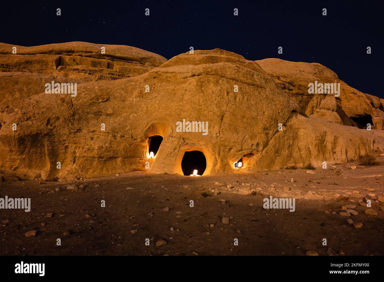 Landscape in Petra near Wadi Musa illuminated with Candles near Wadi Musa, Jordan Stock Photo