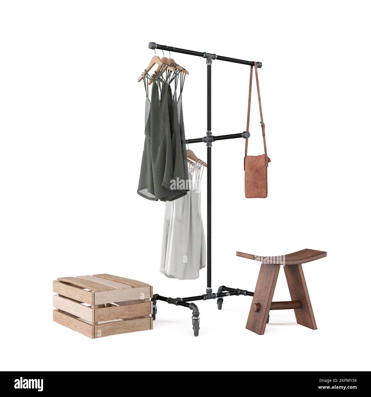 A 3D render of a clothing rack with clothes and benches against a white ...