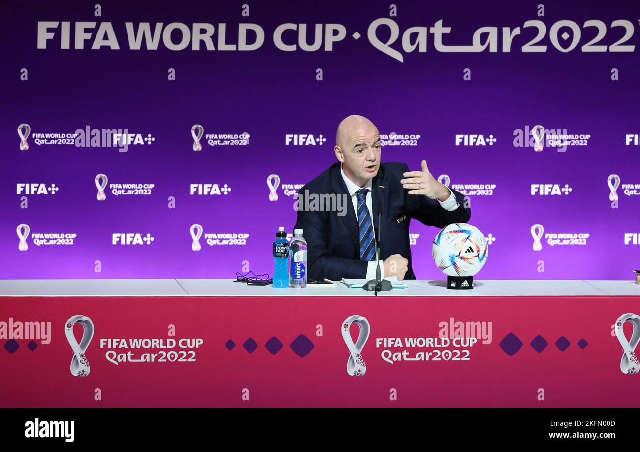 Doha, Qatar. 19th Nov, 2022. FIFA President Gianni Infantino speaks during a media briefing at 2022 Qatar World Cup Main Media Centre in Doha, Qatar, Nov. 19, 2022. Credit: Lan Hongguang/Xinhua/Alamy Live News Stock Photo
