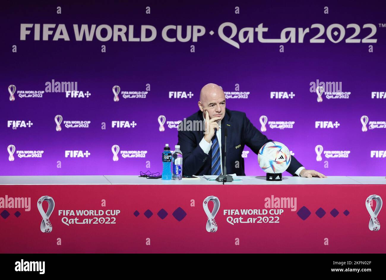 Doha, Qatar. 19th Nov, 2022. FIFA President Gianni Infantino attends a media briefing at 2022 Qatar World Cup Main Media Centre in Doha, Qatar, Nov. 19, 2022. Credit: Lan Hongguang/Xinhua/Alamy Live News Stock Photo