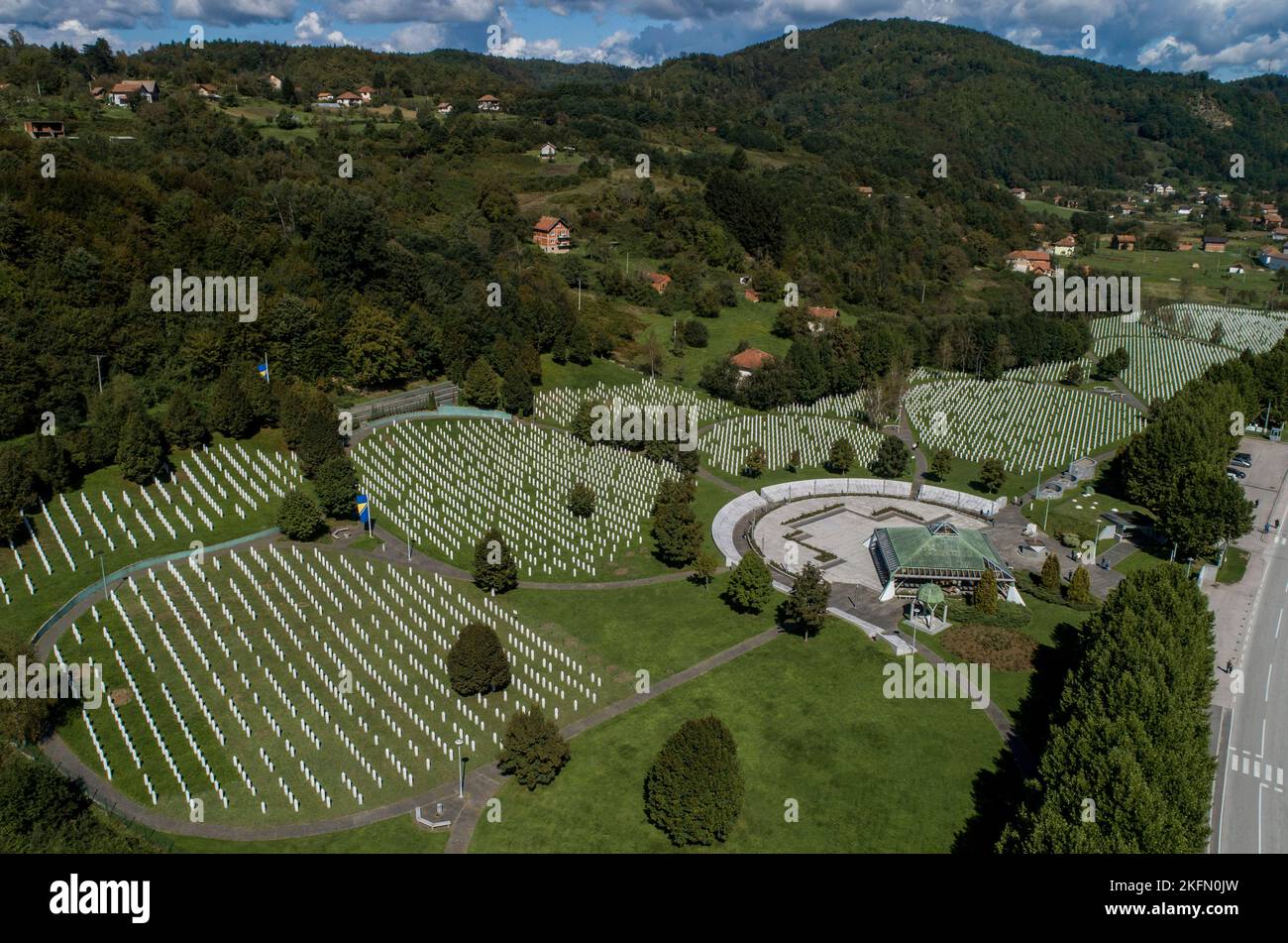 Drone image of Srebrenica Genocide Memorial. Burial site with 8373 victims of Srebrenica genocide. Potocari, Bosnia & Hercegovina in June 1995 Stock Photo