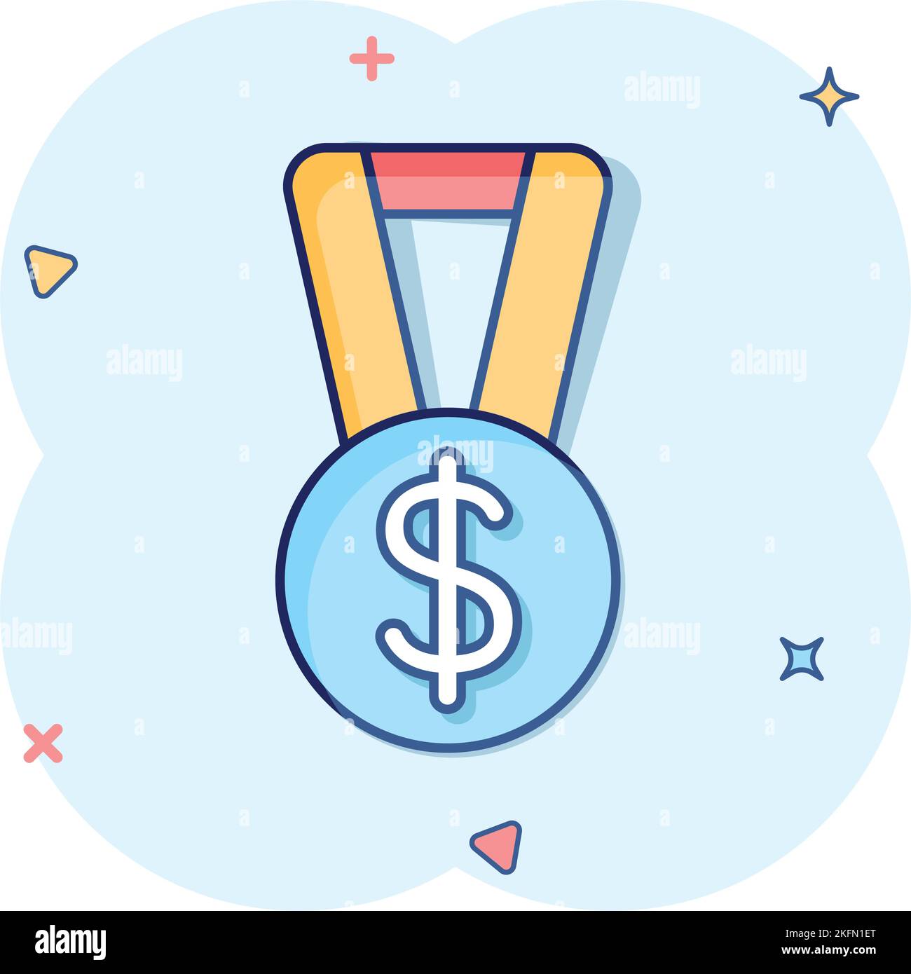 Medal with dollar icon in comic style. Money award trophy cartoon vector illustration on white isolated background. Banknote bill splash effect busine Stock Vector