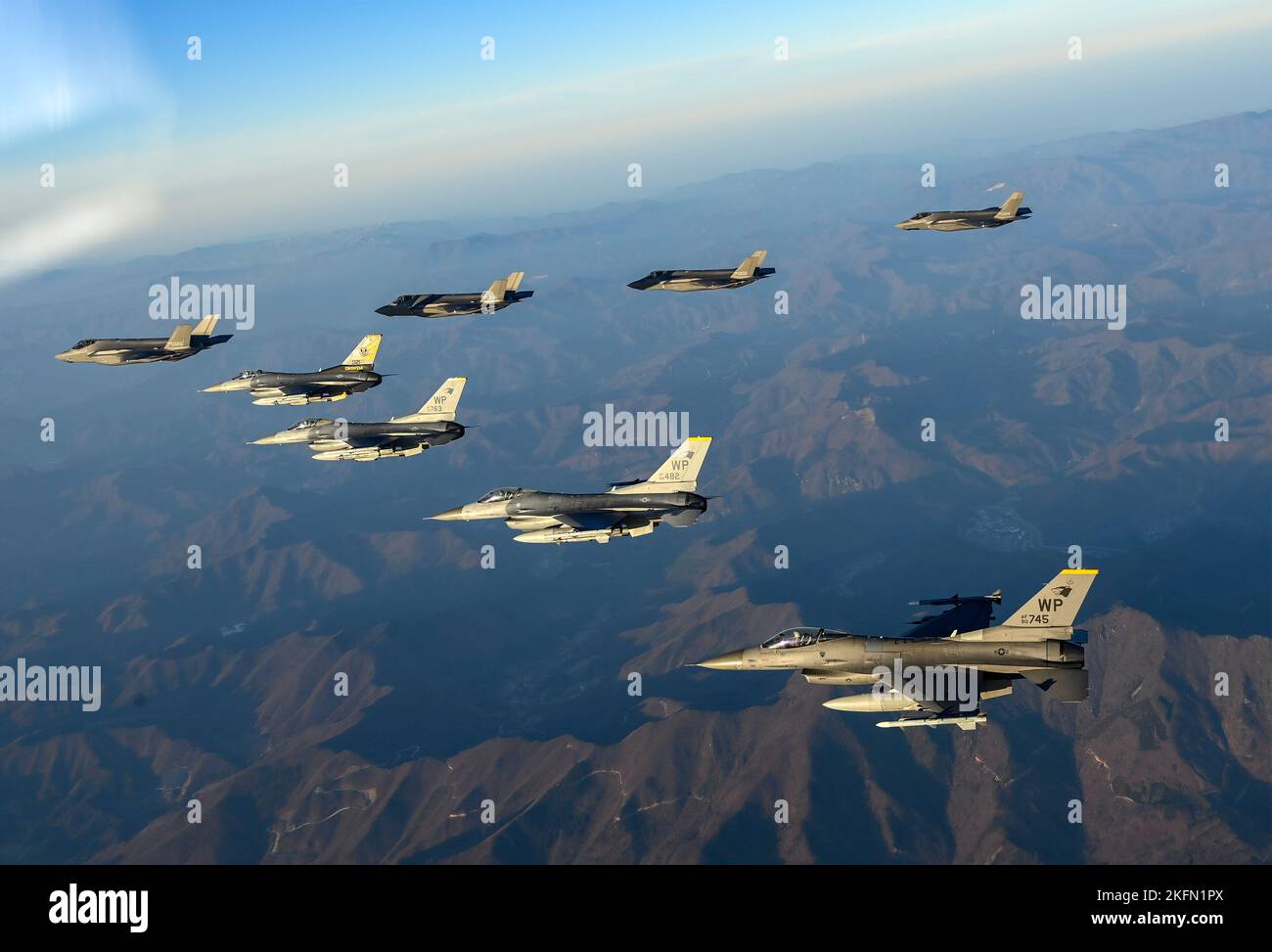 East Sea, South Korea. 19th Nov, 2022. (In this handout photos provided by South Korean Defense Ministry) Joint air drill takes place over the Korean Peninsula on November 19, 2022. A U.S. B-1B Lancer strategic bomber took part in the drill, a day after North Korea test-fired a Hwasong-17 intercontinental ballistic missile into the East Sea. (Photo by Korea Defense Ministry/Sipa USA) Credit: Sipa USA/Alamy Live News Stock Photo