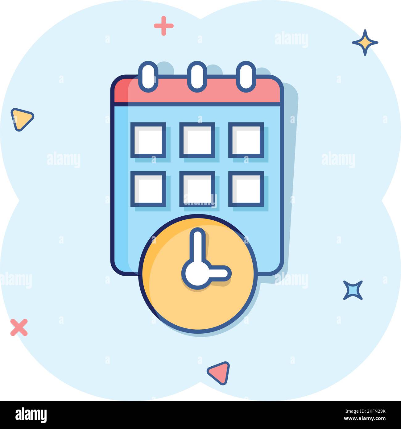 Calendar with clock icon in comic style. Agenda cartoon vector ...