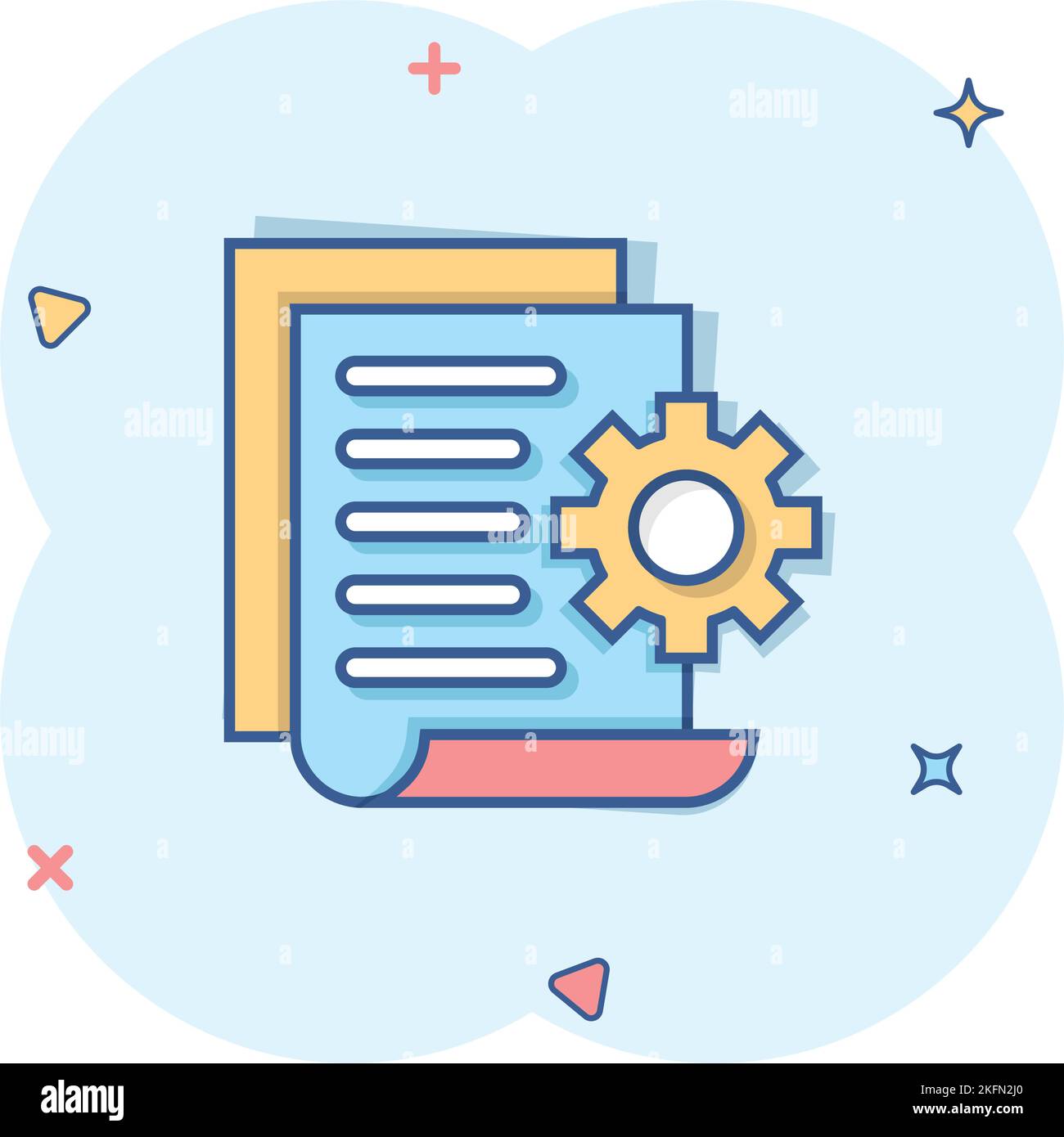 Document with gear icon in comic style. Big data processing cartoon vector illustration on white isolated background. Paper sheet software solution sp Stock Vector