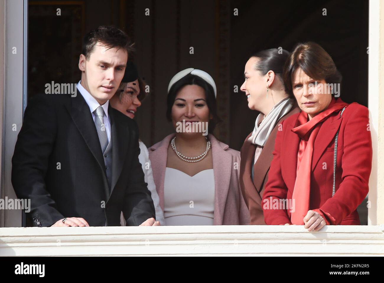 Louis Ducruet, Camille Gottlieb, Pauline Ducruet, Marie Chevalier, Princess Stephanie of Monaco are attending the parade at the palace balcony during the celebration for the National Day on November 19, 2022 in Monaco Ville, Principality of Monaco. Photo by Marco Piovanotto/IPA - NO TABLOIDS Stock Photo